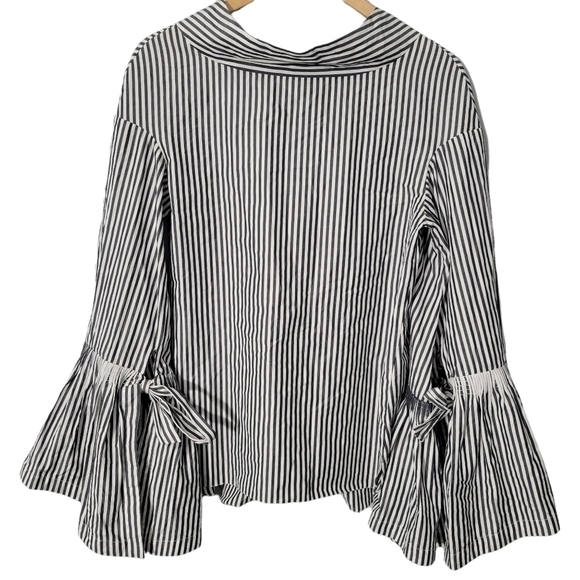 Teija Gray Striped High Neck Statement Bell Sleeve Blouse - Picture 1 of 12